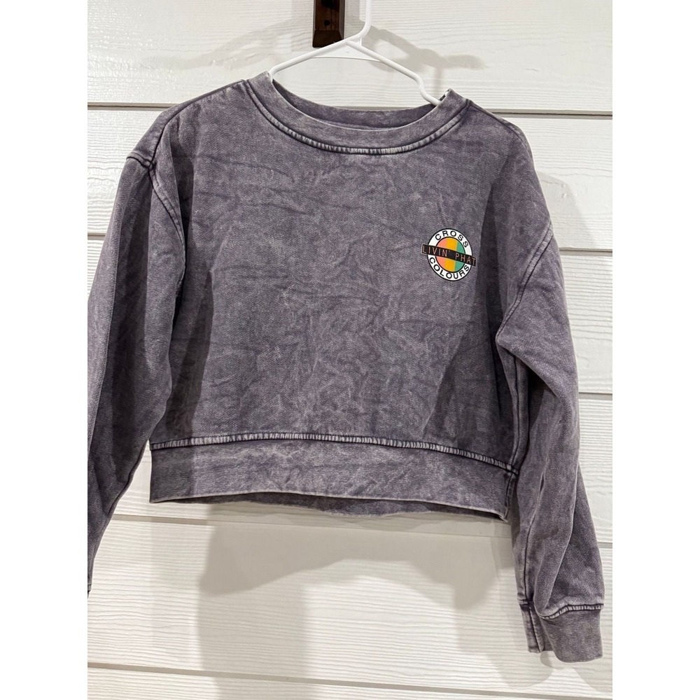 #A- 057- Cross Colours Livin Phat Purple Acid Wash Cropped Sweatshirt Womens l
